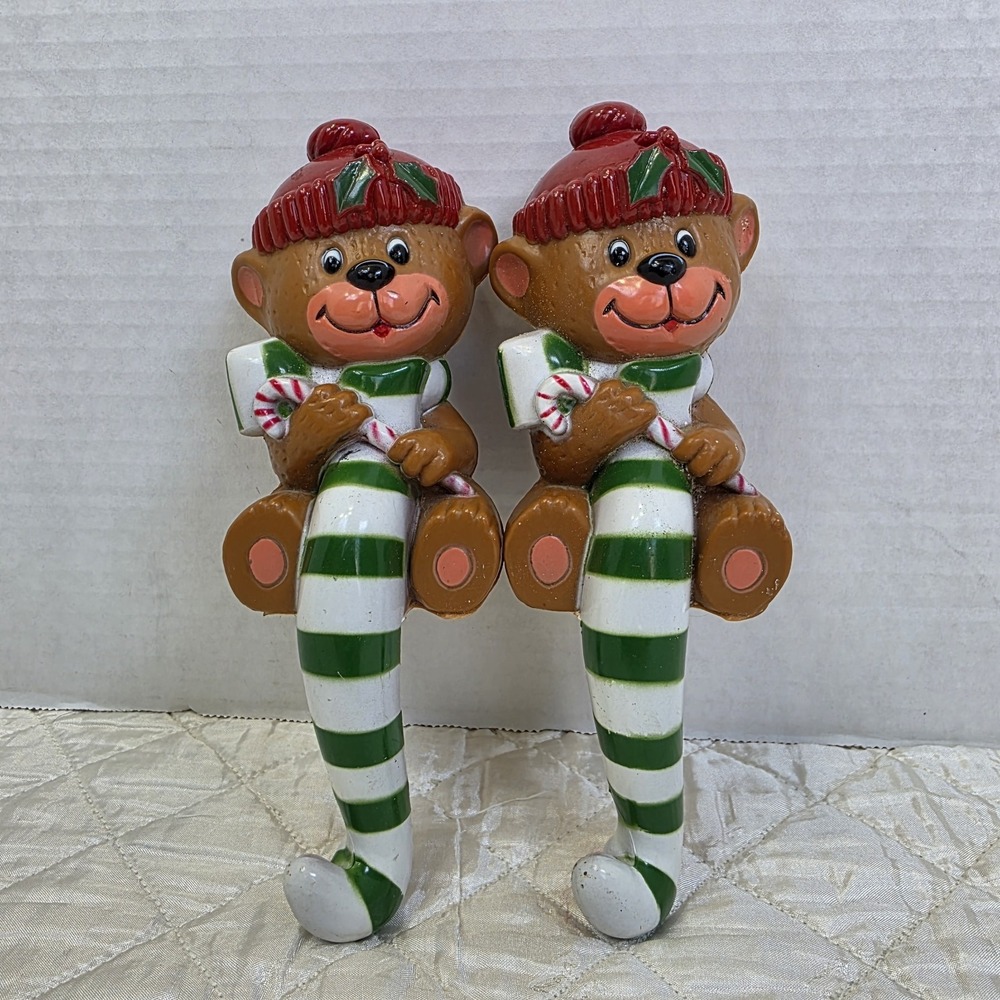 2 Vintage Stocking Hangers 1982 Holiday Bear Christmas Teddy‎ Bear Kitsch Granny